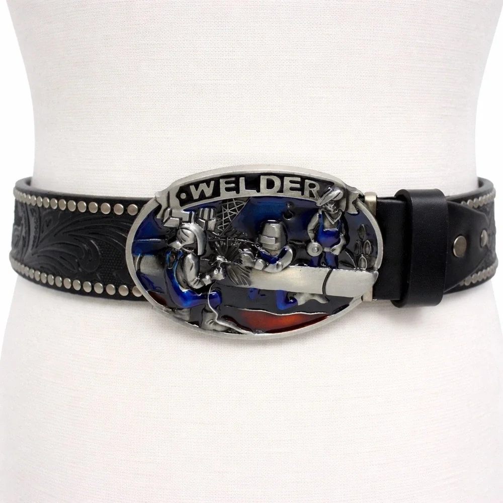 Welder Belt Buckle with Black Studded Floral Embossed Western Strap Mens